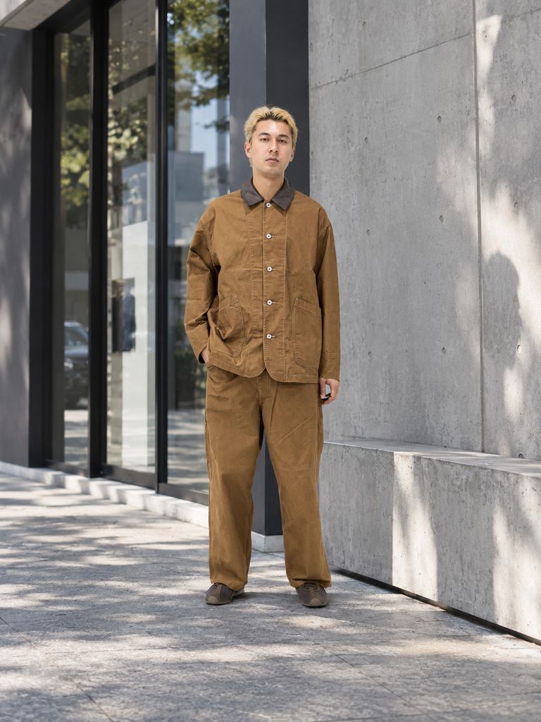 フレッシュサービス COTTON CANVAS LEATHER COLLAR WORK JACKET (CAMEL) MARKスタイル