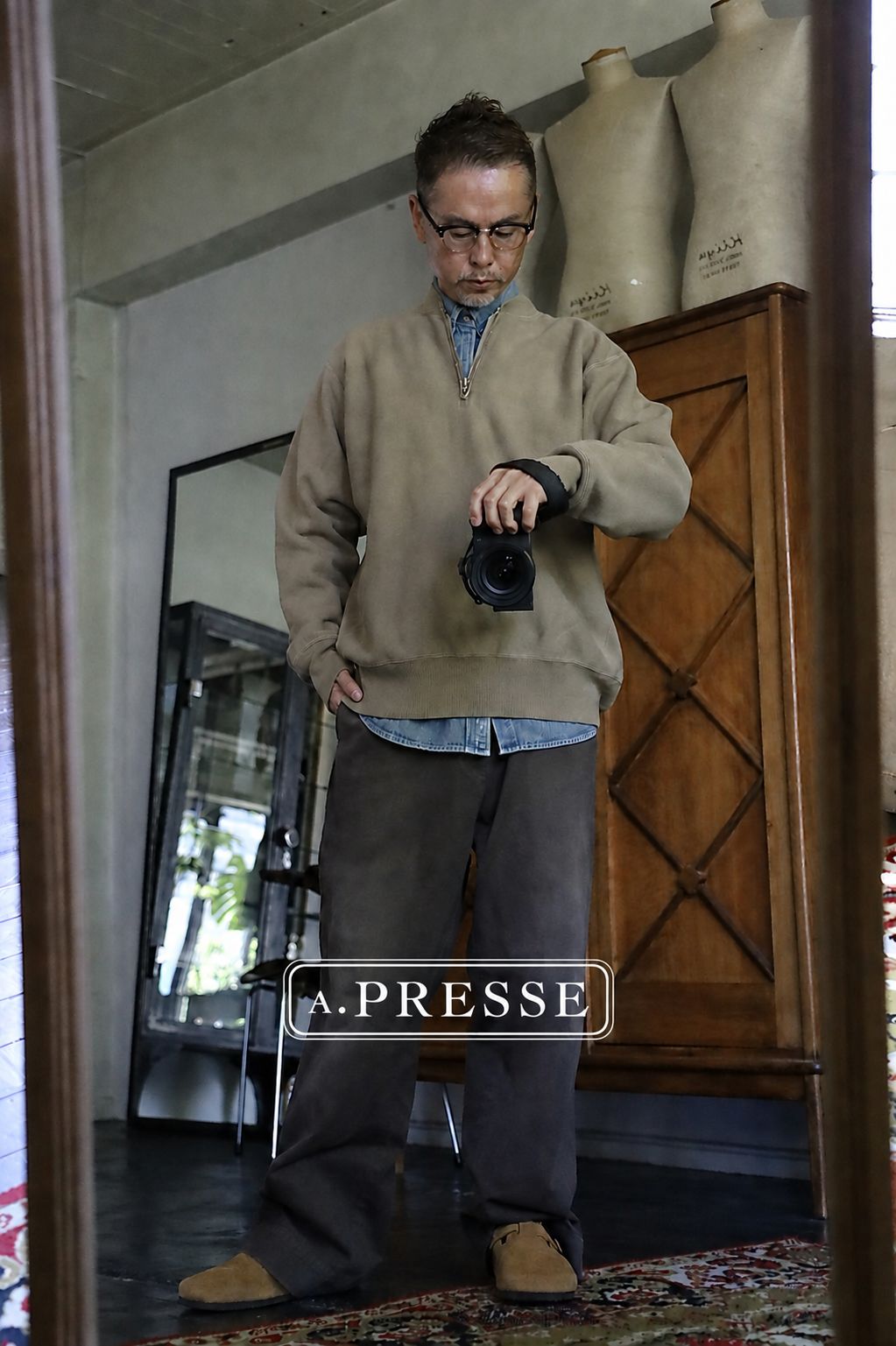 A.PRESSE 2026 STYLE2 Vintage Half Zip Rib Collar Sweatshirt"MOCHA"スタイル