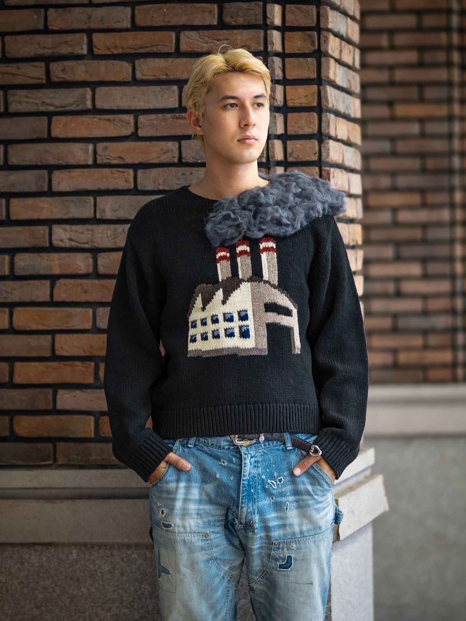 doublet SMOKING FACTORY INTARSIA KNIT PULLOVER MARKスタイル