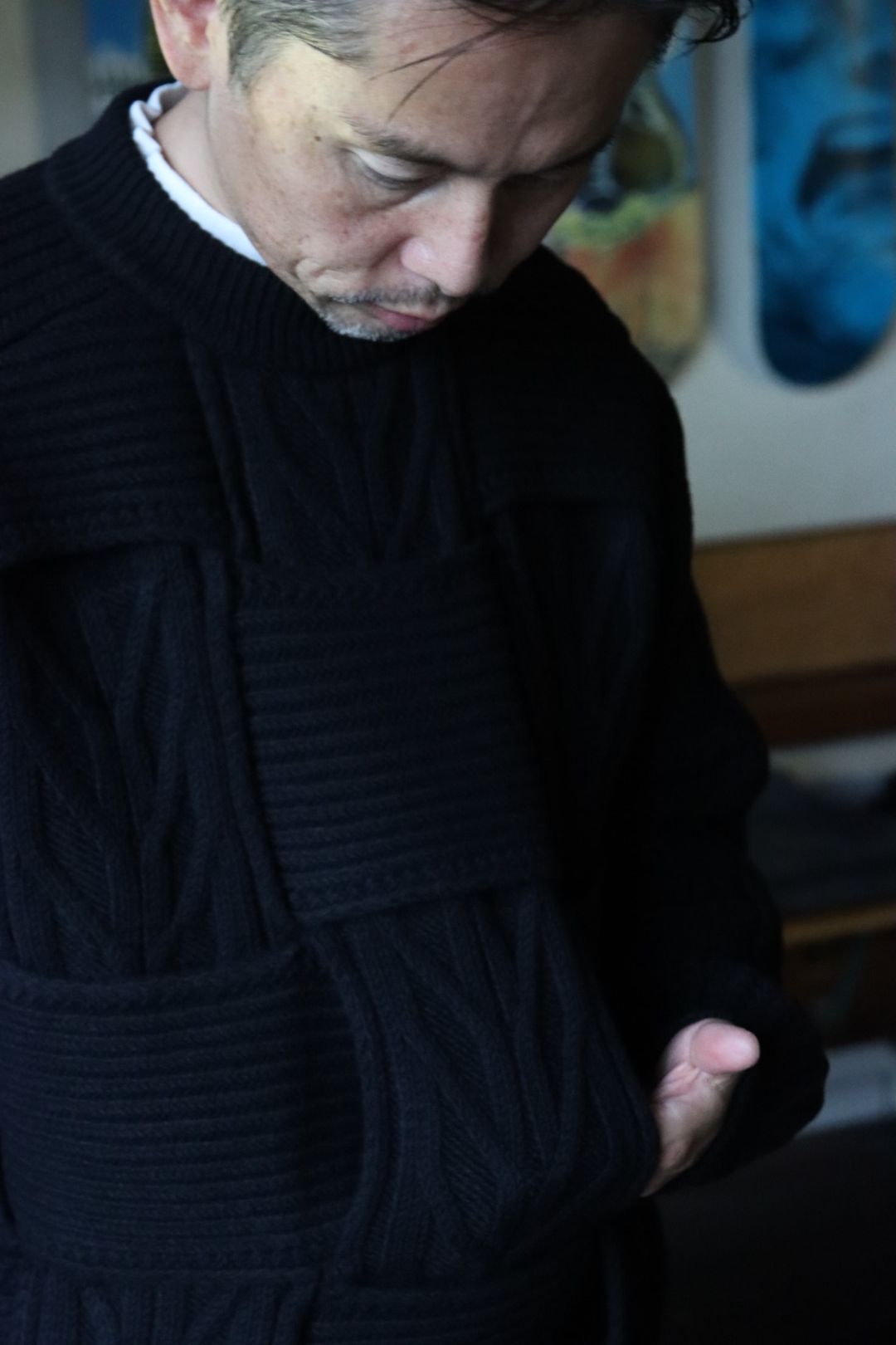 YOKE CROSSING CABLE CREW NECK KNIT"BLACK"style