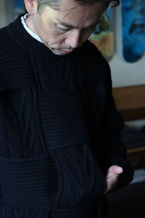YOKE CROSSING CABLE CREW NECK KNIT"BLACK"style
