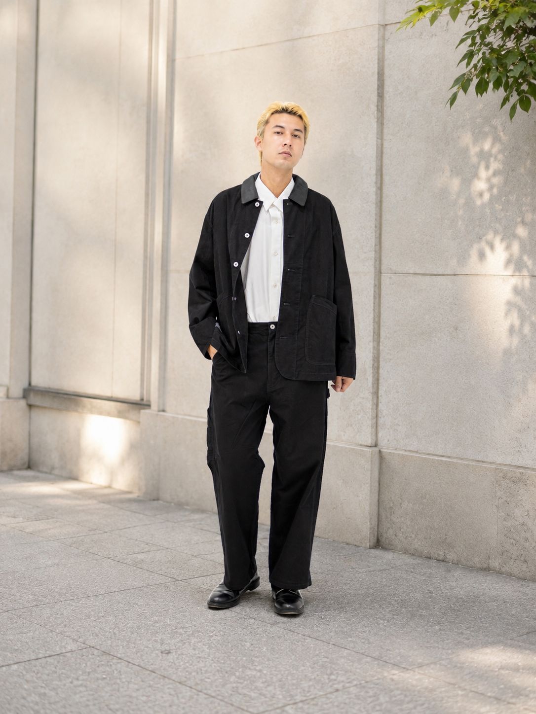 フレッシュサービス COTTON CANVAS LEATHER COLLAR WORK JACKET (BLACK) MARKスタイル