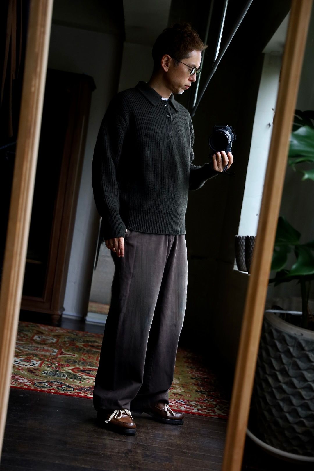 MARKAWARE 26AW RIBBED POLO COLLAR JUMPER"DARK OLIVE"スタイル