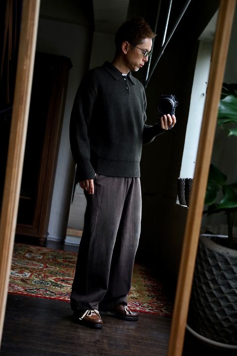 MARKAWARE 26AW RIBBED POLO COLLAR JUMPER"DARK OLIVE"スタイル