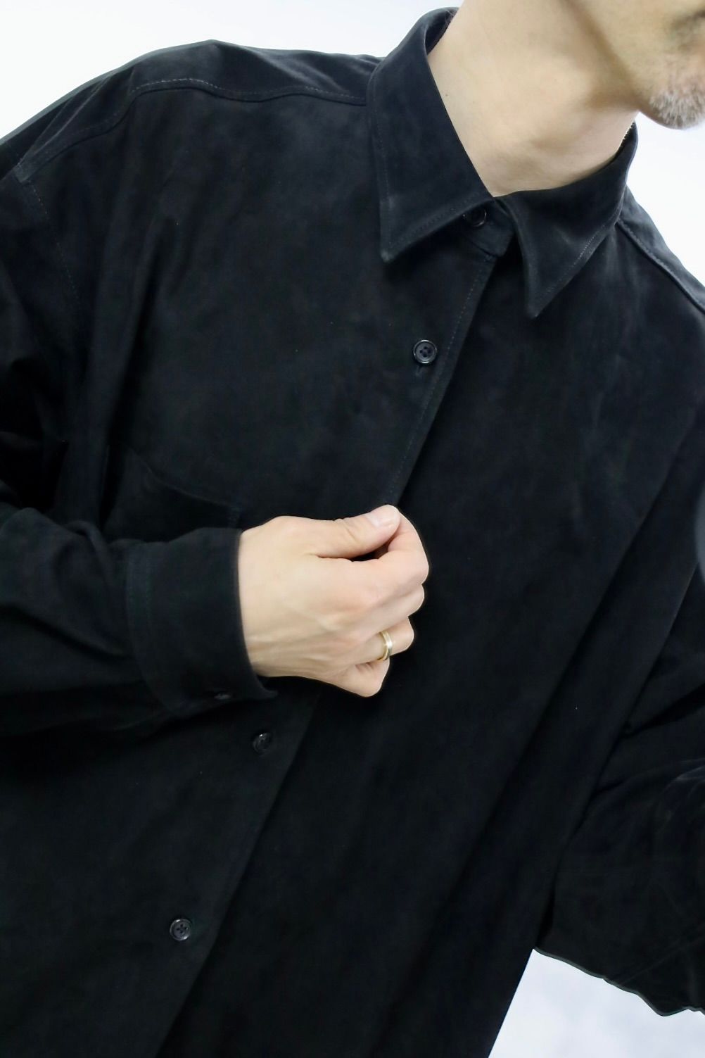 Graphpaper 26SS Cow Nubuck Leather L/S Oversized Regular Collar Shirt"BLACK"スタイル