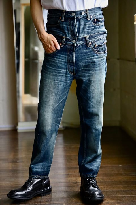 ジュンヤワタナベ×リーバイス｜10SS ギンガム切替デニムパンツ（青・M 