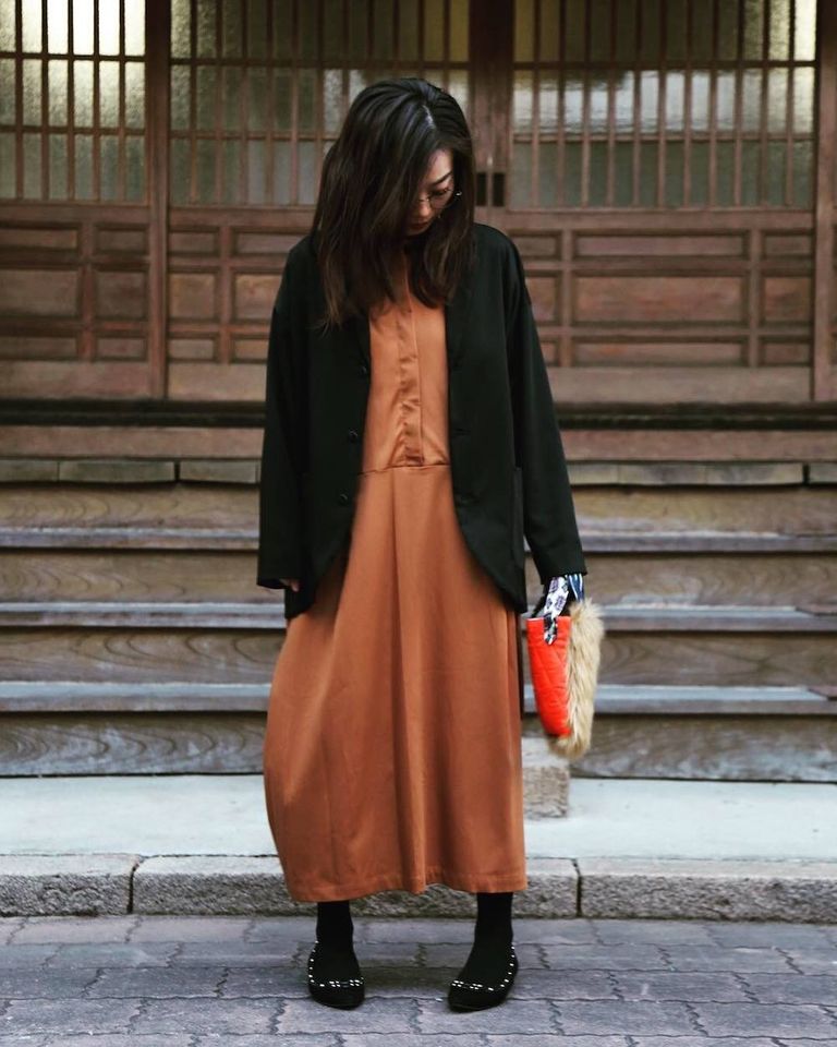 Dulcamara春のサテンフレンチスリーブワンピース"BROWN"スタイル2019.2.25.