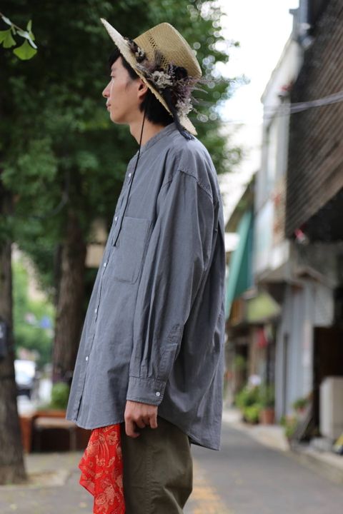 Graphpaper ダンガリーバンドカラーオーバーサイズシャツ"BLACK"スタイル.2019.7.28.