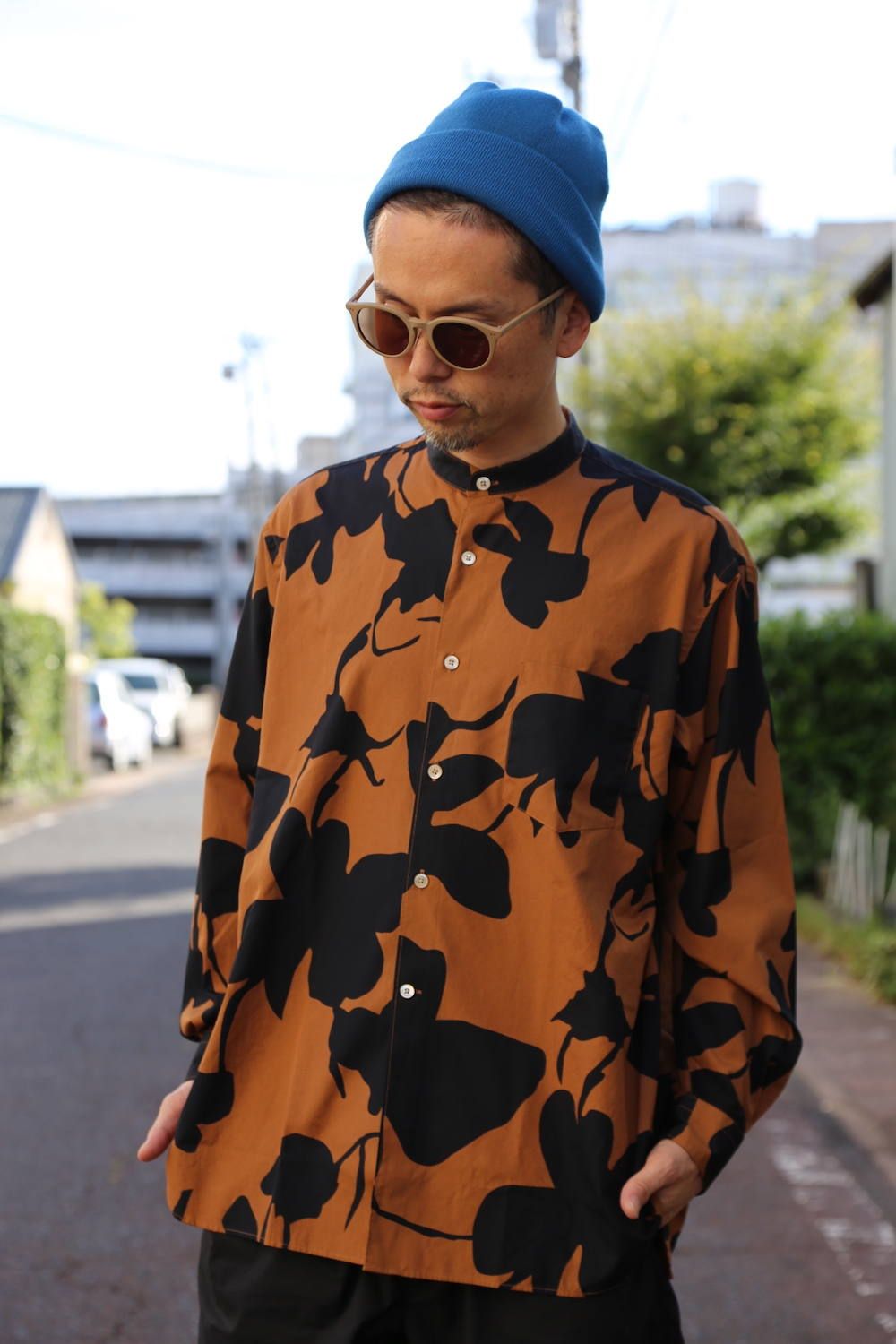 WELLDER Band Collar shirt"Darkkoak×Navy Pattern"スタイル.2019.8.12.