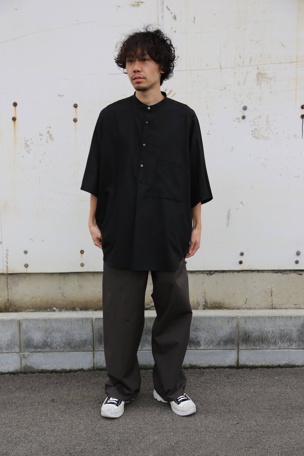 Graphpaper Silk Wool Stand Collar York Short Sleeve Shirt"BLACK"Style.2020.1.25.