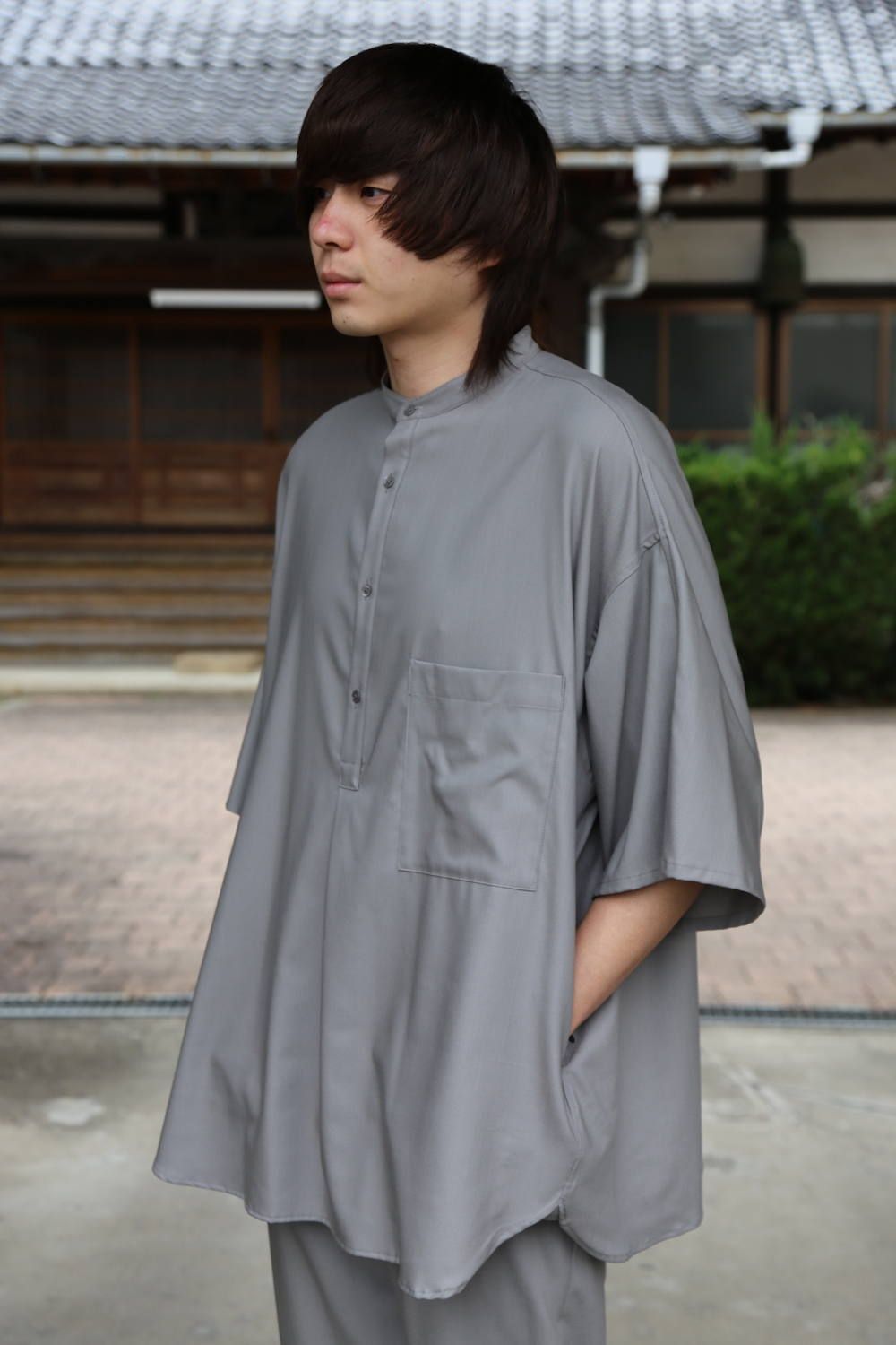 Graphpaper Silk Wool Stand Collar York Short Sleeve Shirt