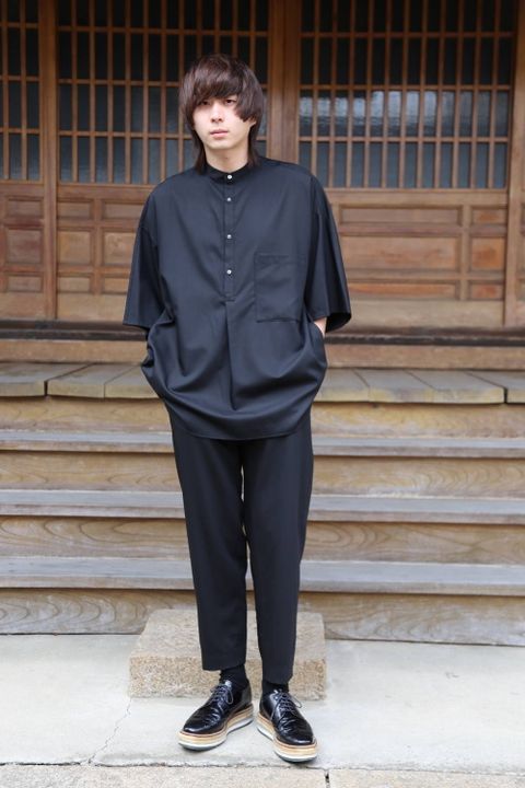 Graphpaper Silk Wool Stand Collar York Short Sleeve Shirt"BLACK"SETUP style.2020.1.25