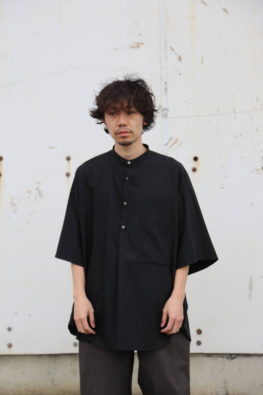 Graphpaper Silk Wool Stand Collar York Short Sleeve Shirt"BLACK"Style.2020.1.25.