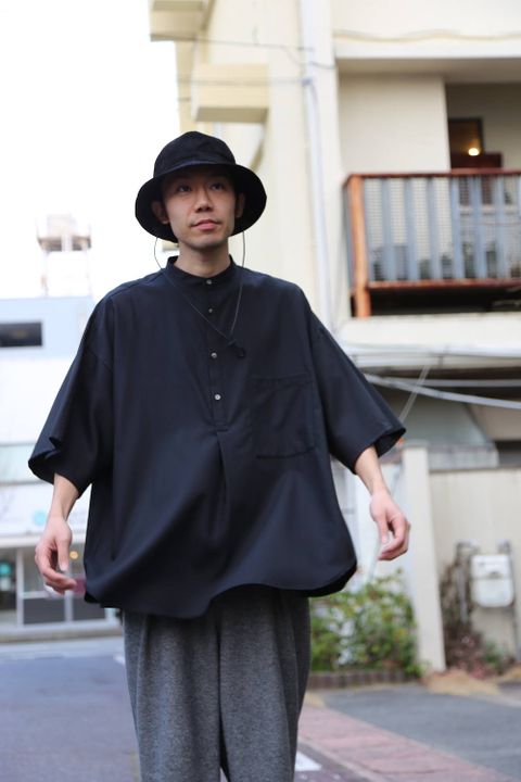Graphpaper Silk Wool Stand Collar York Short Sleeve Shirt"BLACK"Style.2020.2.3.