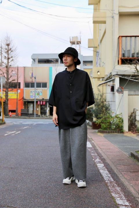 Graphpaper Silk Wool Stand Collar York Short Sleeve Shirt"BLACK"Style.2020.2.3.