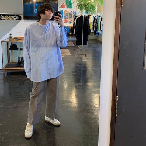 Graphpaper Thomas Mason Oversized Band Collar Shirt "BLUE CH"(GM201-50029)style.2020.4.12