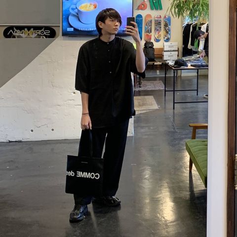 Graphpaper Silk Wool Stand Collar York Short Sleeve Shirt"BLACK"(GM201-50043) style.2020.4.18.