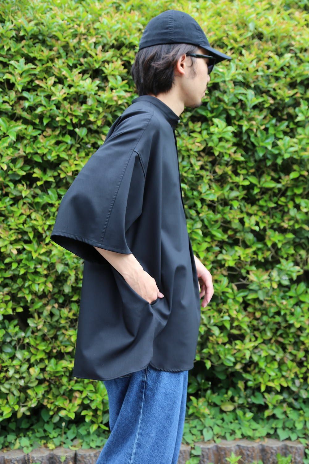 Graphpaper Silk Wool Stand Collar York Short Sleeve Shirt"BLACK"Style.2020.5.17.
