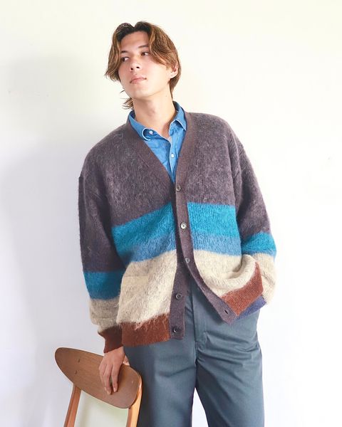 YOKE 23AW MOHAIR BORDER CARDIGAN"PURPLE"スタイル