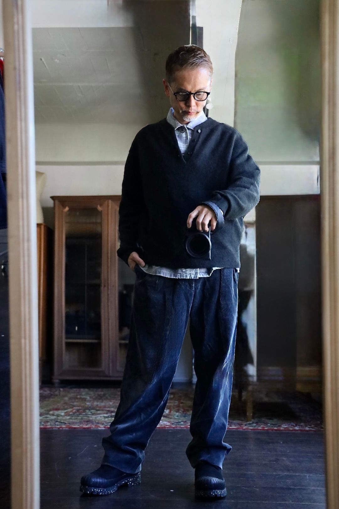 A.PRESSE 2026 STYLE2 Brushed Cashmere Middle Gauge Henley Neck Sweater"OLIVE"スタイル2026.10.3.