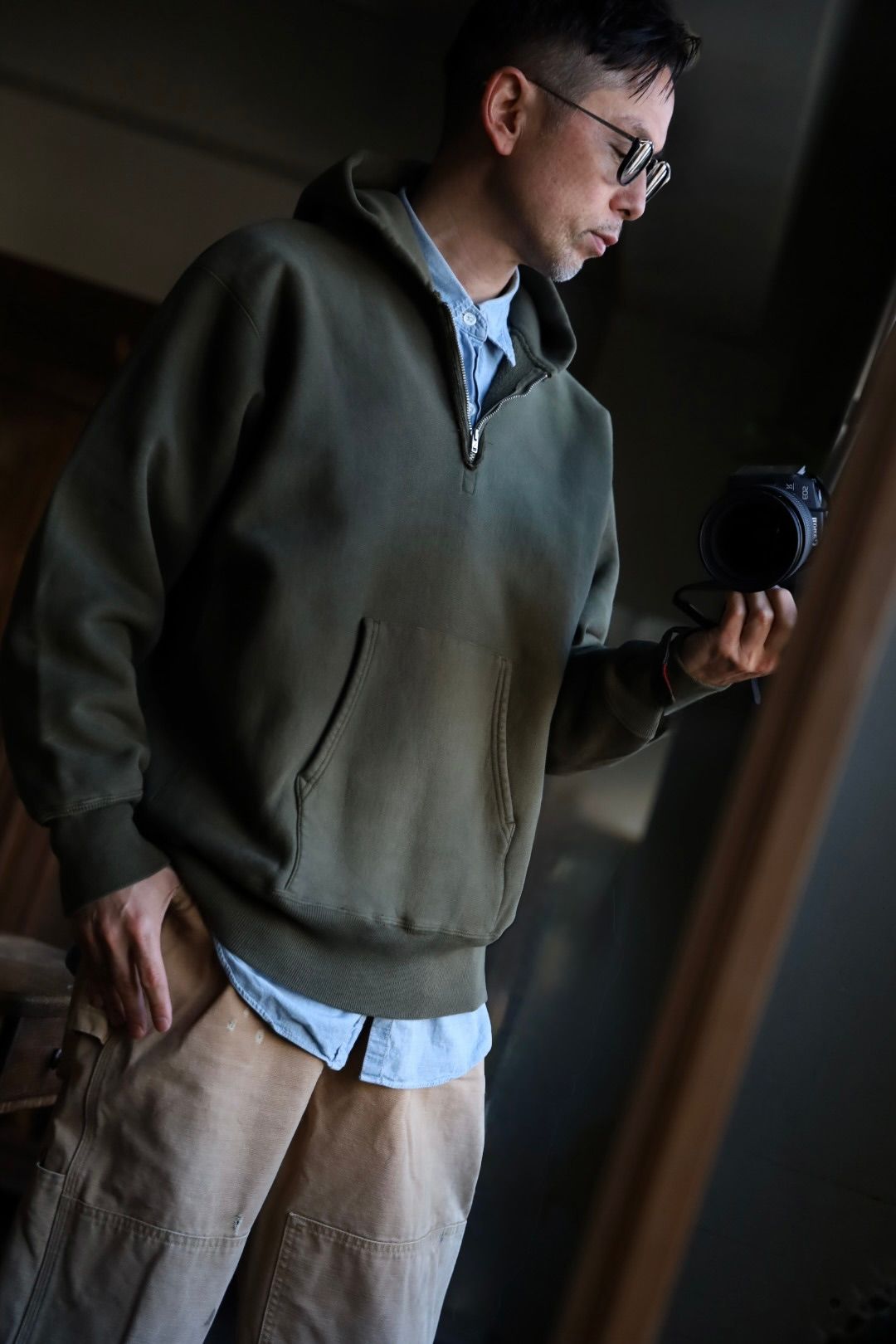 A.PRESSE Vintage Half Zip Sweat Hoodie"OLIVE"スタイル2025.1.25.