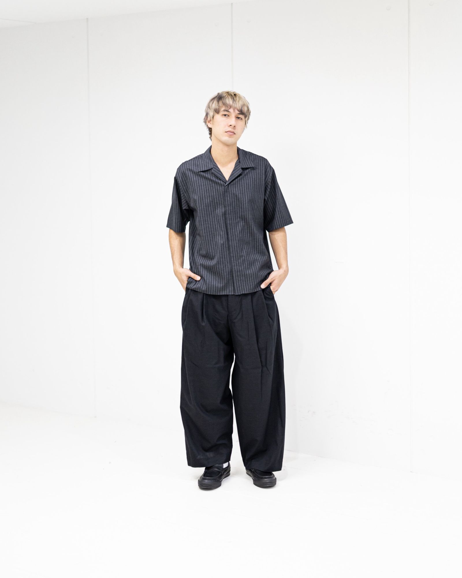 marka 26SS FLY FRONT OPEN COLLAR S/S SHIRT(M26A11SH02B)GRAY STRIPE☆新作発売！