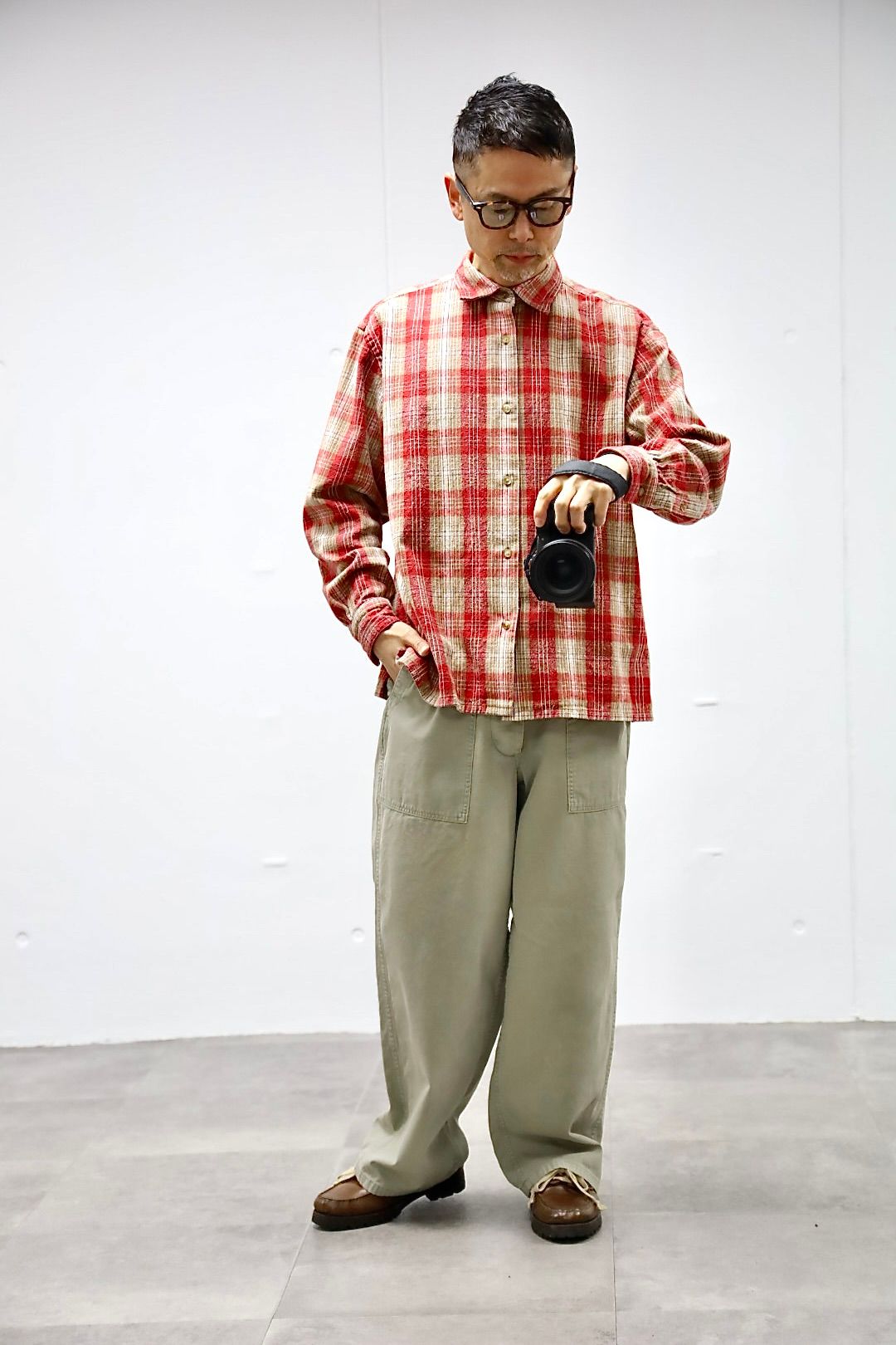 A.PRESSE 2026 STYLE1 Vintage Cotton Silk Nep Twill Check Shirts"RED"スタイル