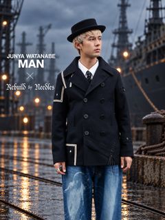 ジュンヤワタナベマン 26FW ウールナイロンメルトン NEEDLES Wネーム Pコート (WR-J105-051)NAVY☆10月2日(金)発売！