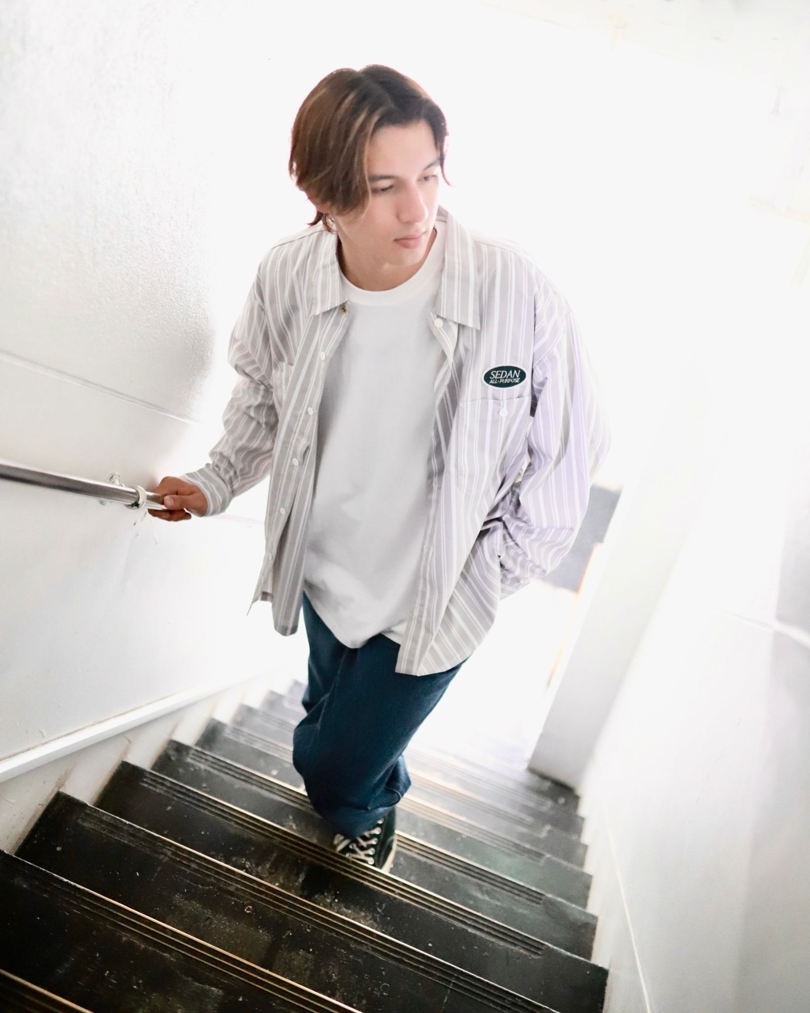 セダンオールパーパス23FW OVAL LOGO WORK SHIRT(SD23F-SH01)GREY STRIPE