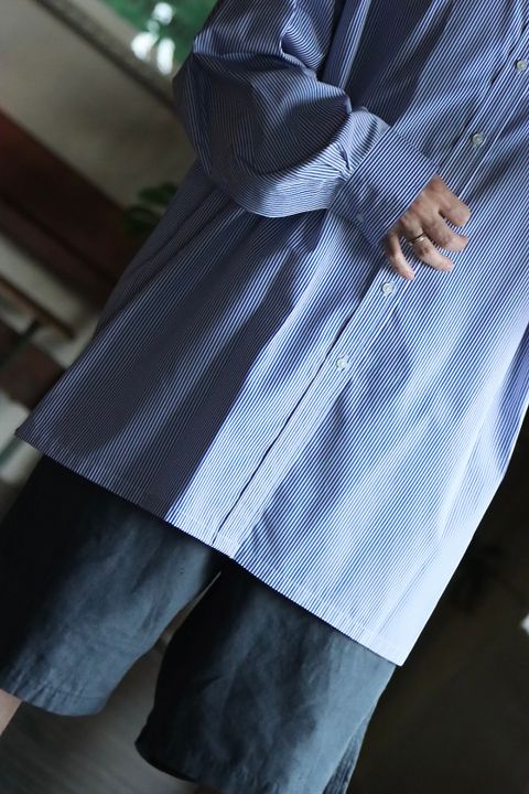 グラフペーパー22AW High Count Broad Stripe Regular Collar Shirt"BLUE STRIPE"スタイル