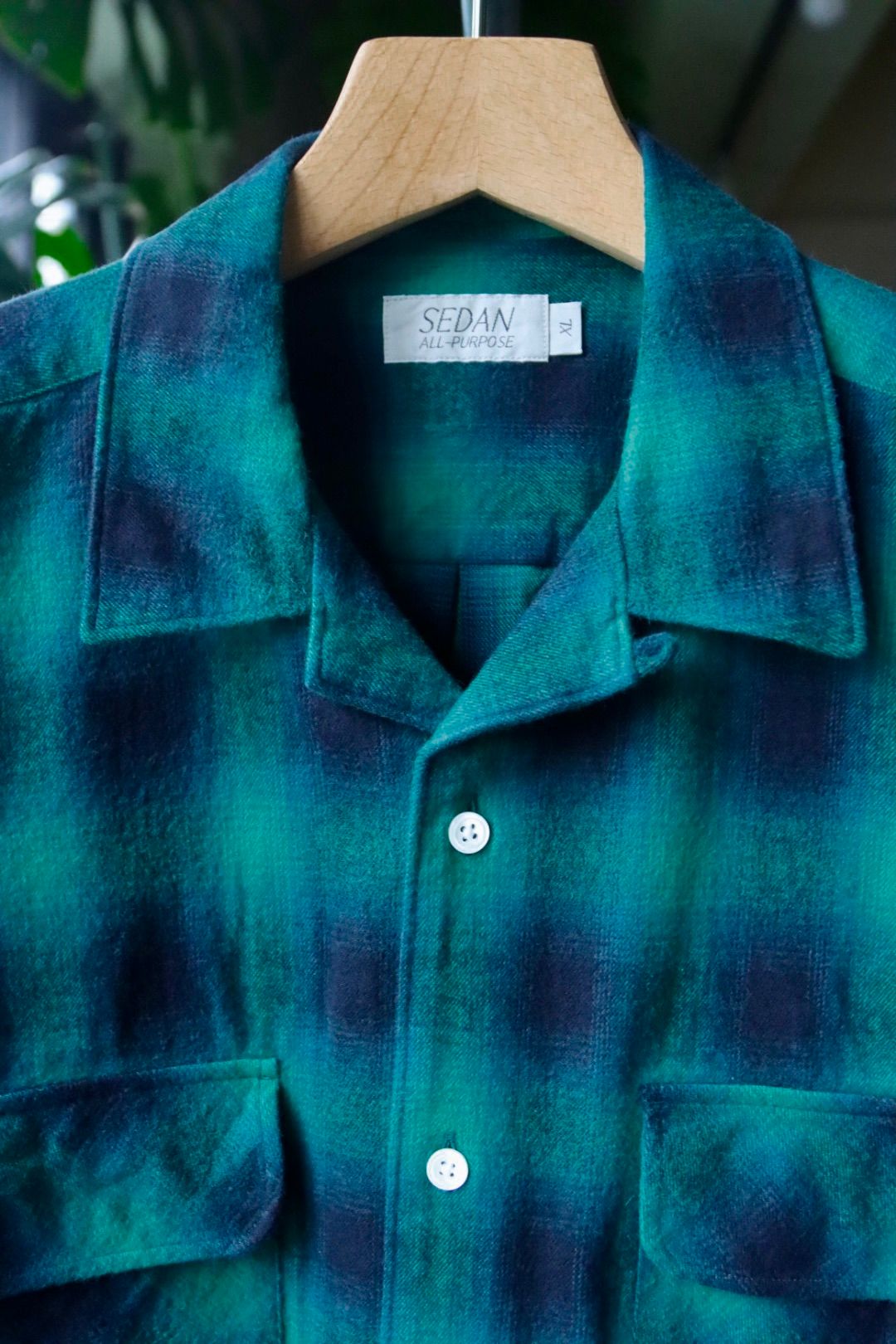 セダンオールパーパスFW23 Brushed Ombre Plaid Open Collar Shirt (SD23F-SH02)Green Plaid