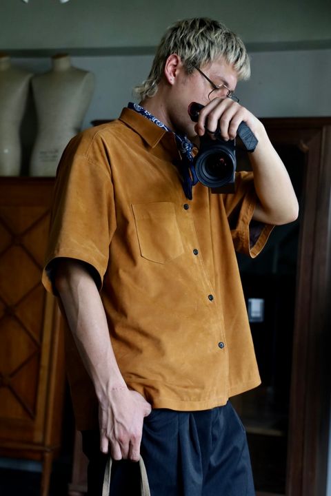 Graphpaper Cow Nubuck Leather S/S Oversized Regular Collar Shirt MARKスタイル