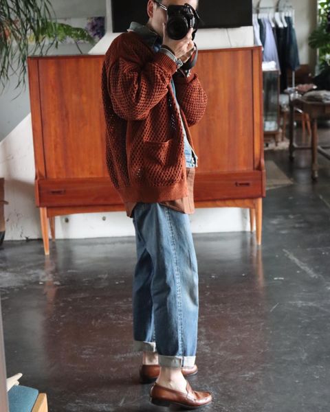 YOKE MESHED KNIT CARDIGAN"ORANGE"style.2022.2.21.