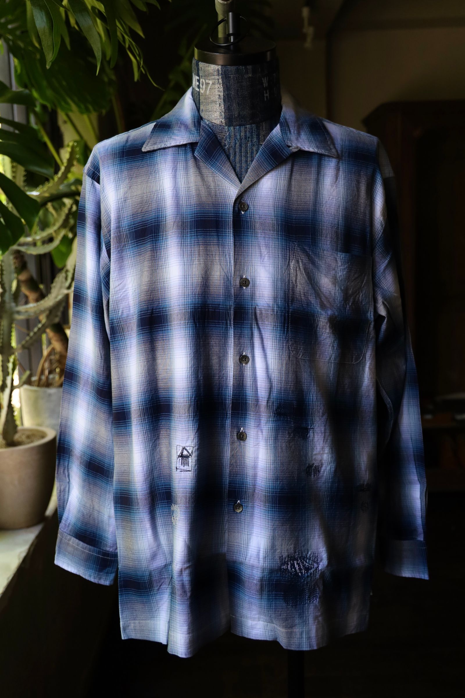 BOW WOW バウワウ RAYON CHECK SHIRTS REPAIRED(BW242-RCSR)BLUE×WHITE REPAIRED
