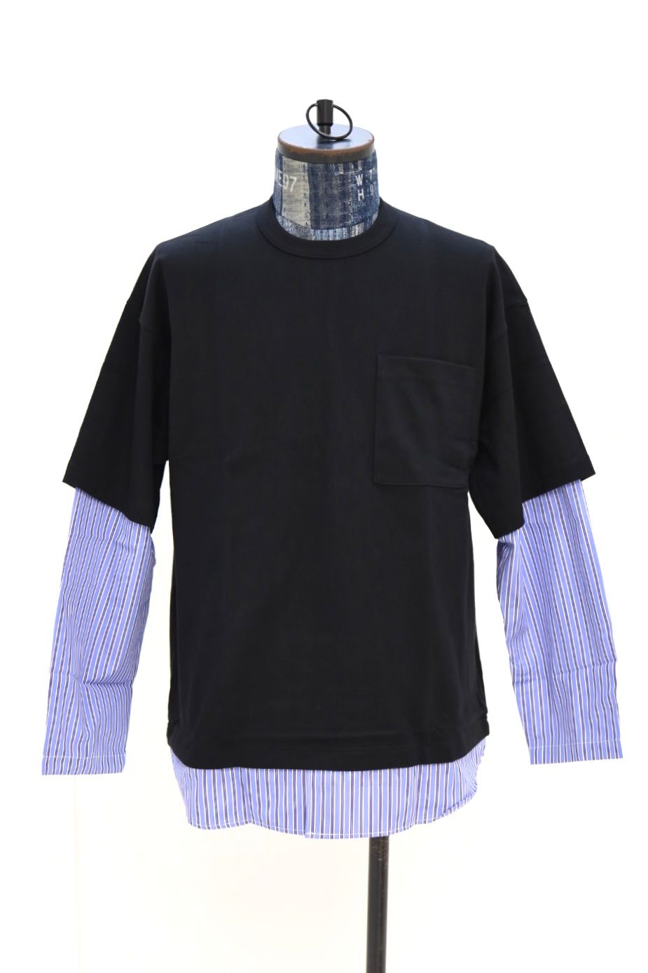 コムデギャルソンオム26SS 綿度詰天竺×綿ポプリンストライプTシャツ(HQ-T006-051)BLACK☆2月6日(金)発売