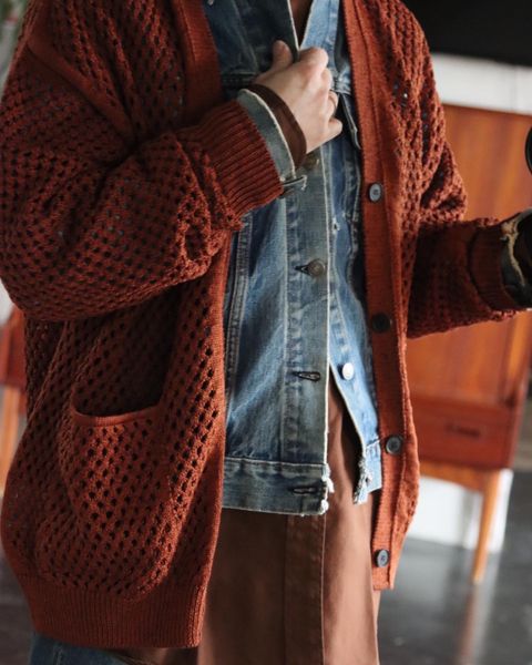 YOKE MESHED KNIT CARDIGAN"ORANGE"style.2022.2.21.