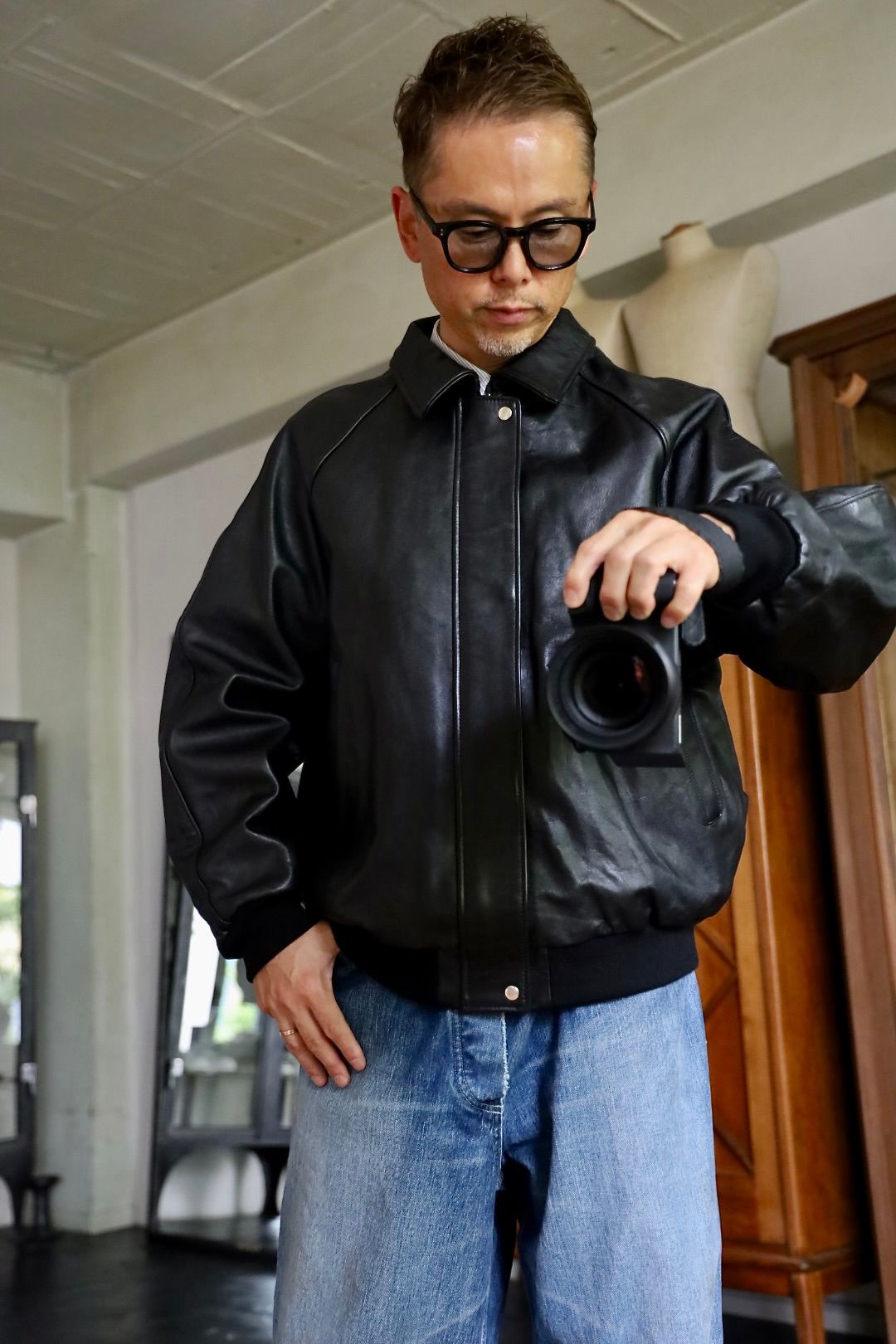 グラフペーパー Cow Leather Raglan Blouson(GU263-30320)BLACK☆8月29日(土)発売！