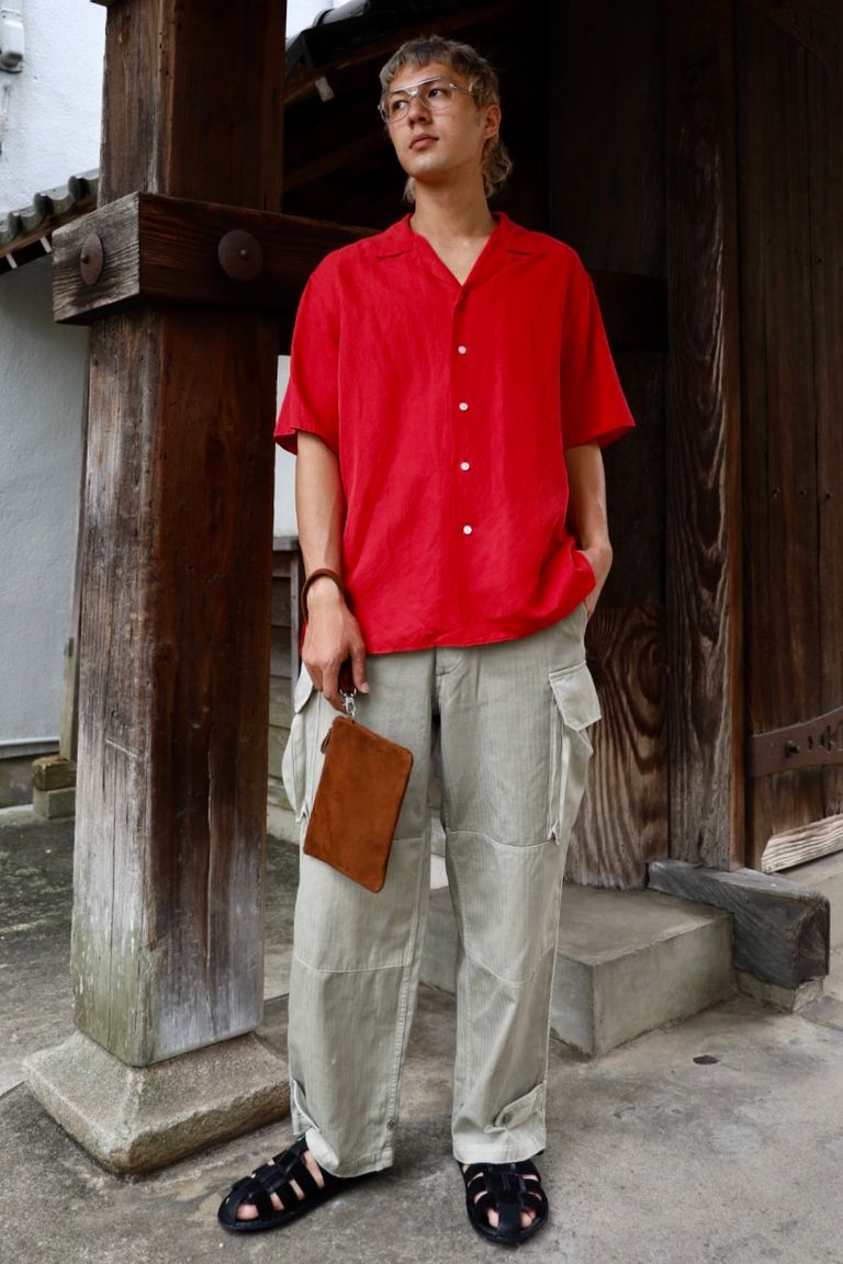 A.PRESSE Vintage Silk Linen S/S Open Collar Shirts MARKスタイル