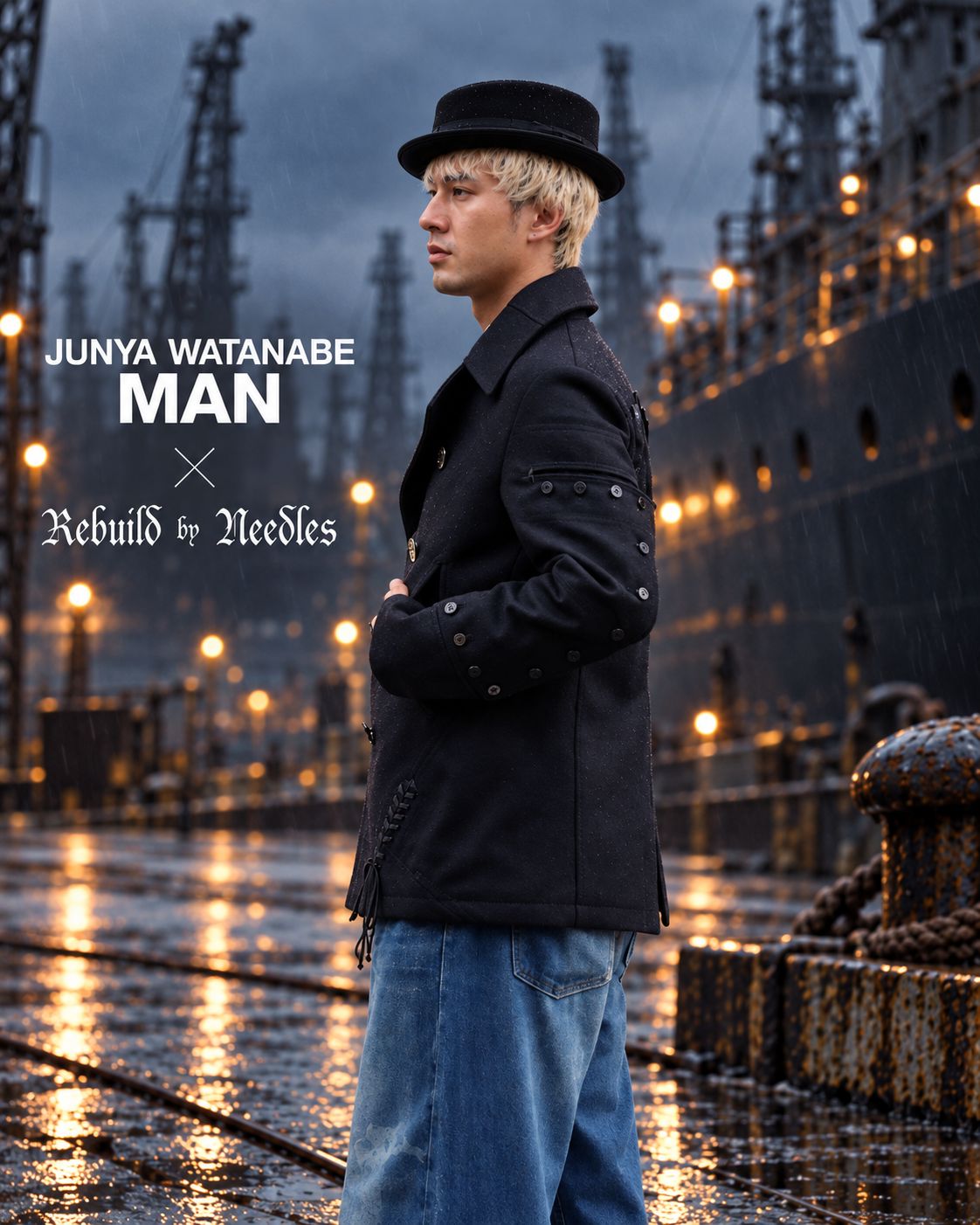 ジュンヤワタナベマン 26FW ウールナイロンメルトン NEEDLES Wネーム Pコート (WR-J105-051)NAVY☆10月2日(金)発売！