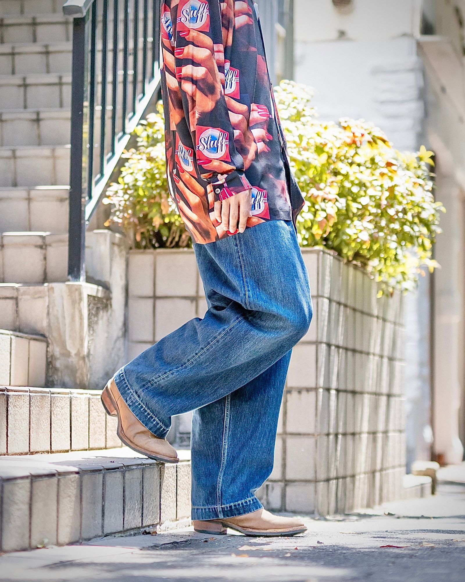 LASTMAN PRINTED OPEN COLLOAR SHIRTS L/S "STUFF" MARK スタイル