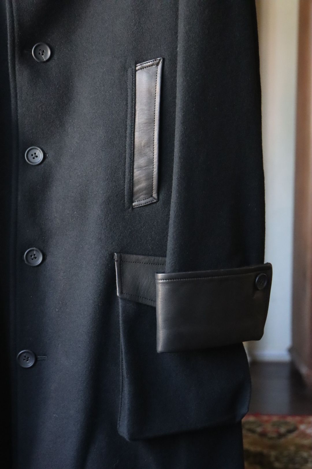 Yohji Yamamoto 革切り替え6つ釦ロングジャケット(HW-J42-832)BLACK☆新作発売！