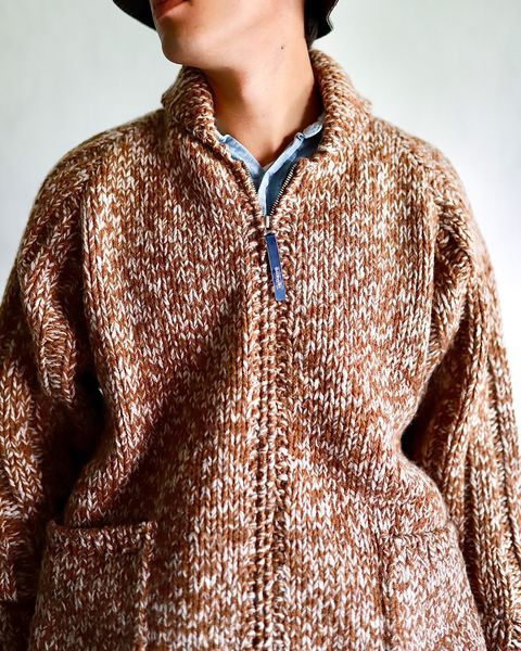 TapWater 23AW Shetland Wool Cowichan Zip Cardigan"BEIGE×BROWN"スタイル