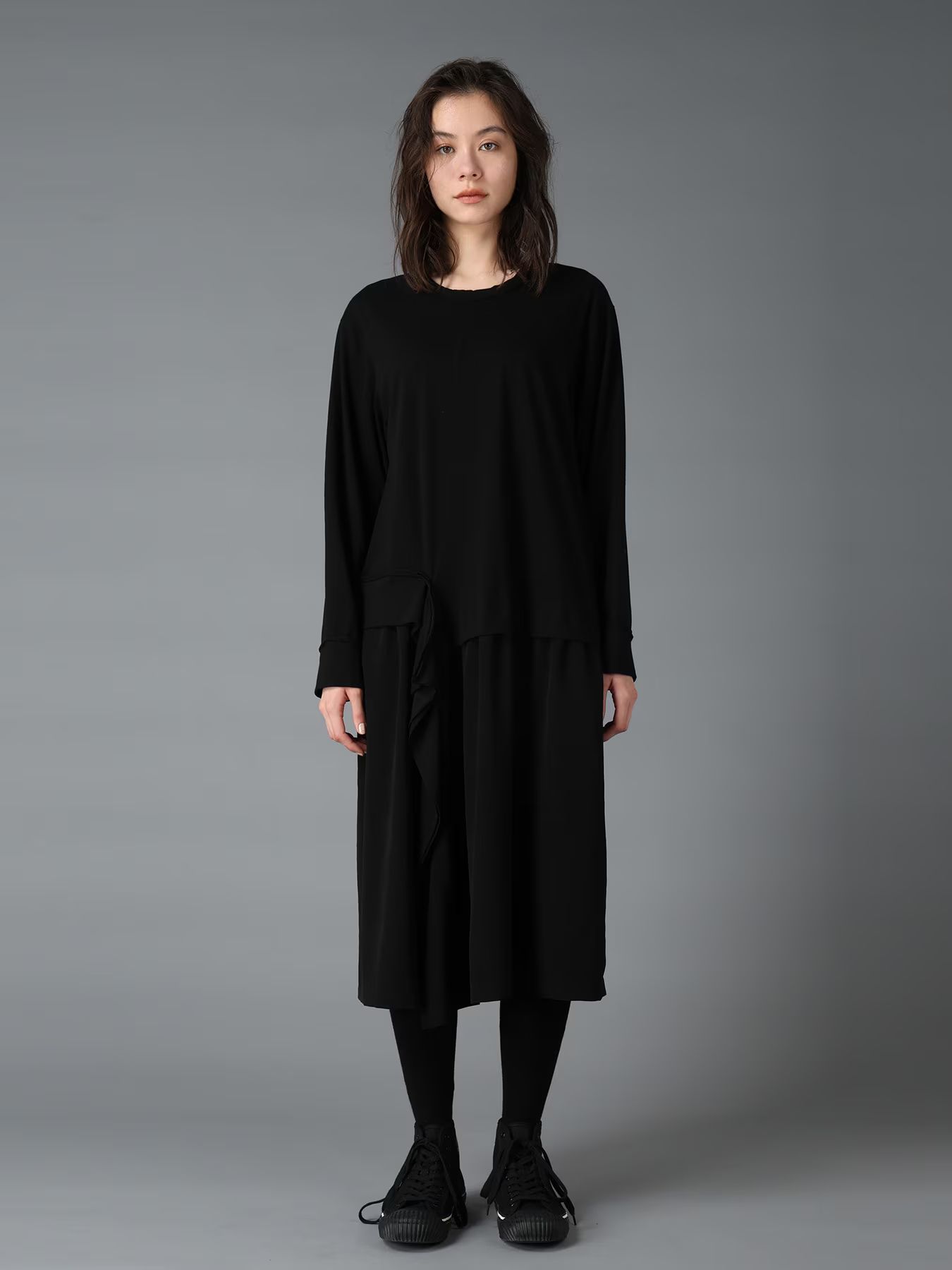 SILICON JERSEY+CREPE de CHINE PANEL LONG DRESS / BLACK  [GW-D04-801-1]