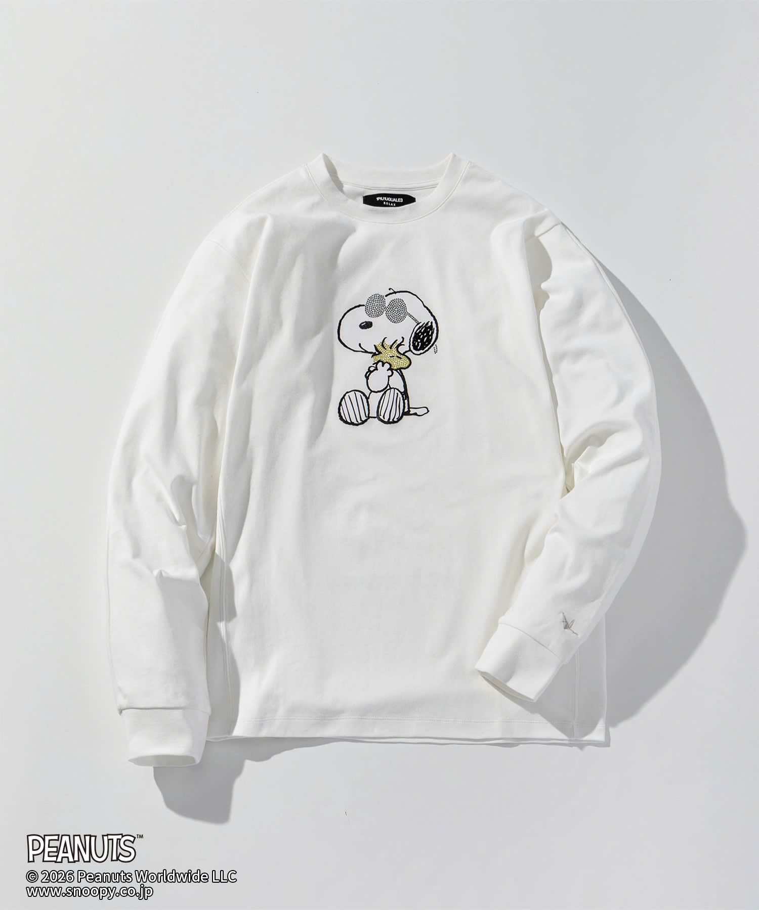 1PIU1UGUALE3 RELAX × PEANUTS / 【スヌーピー】ジョー・クルー＆ウッドストックロングTシャツ / ホワイト【UST-26094】