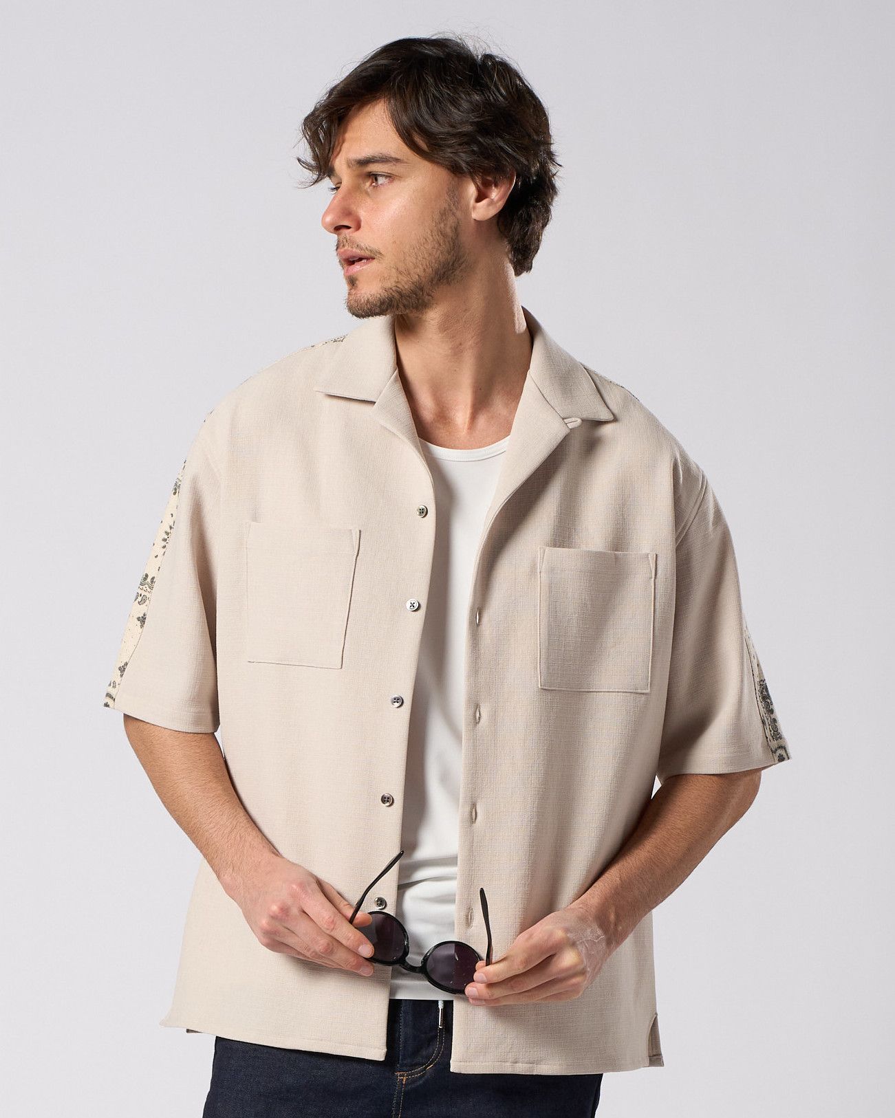 ☆先行予約☆ バンダナプリントパネルオープンカラーシャツ /  bandana print panel open shirt / BEIGE [4401 pe48i]