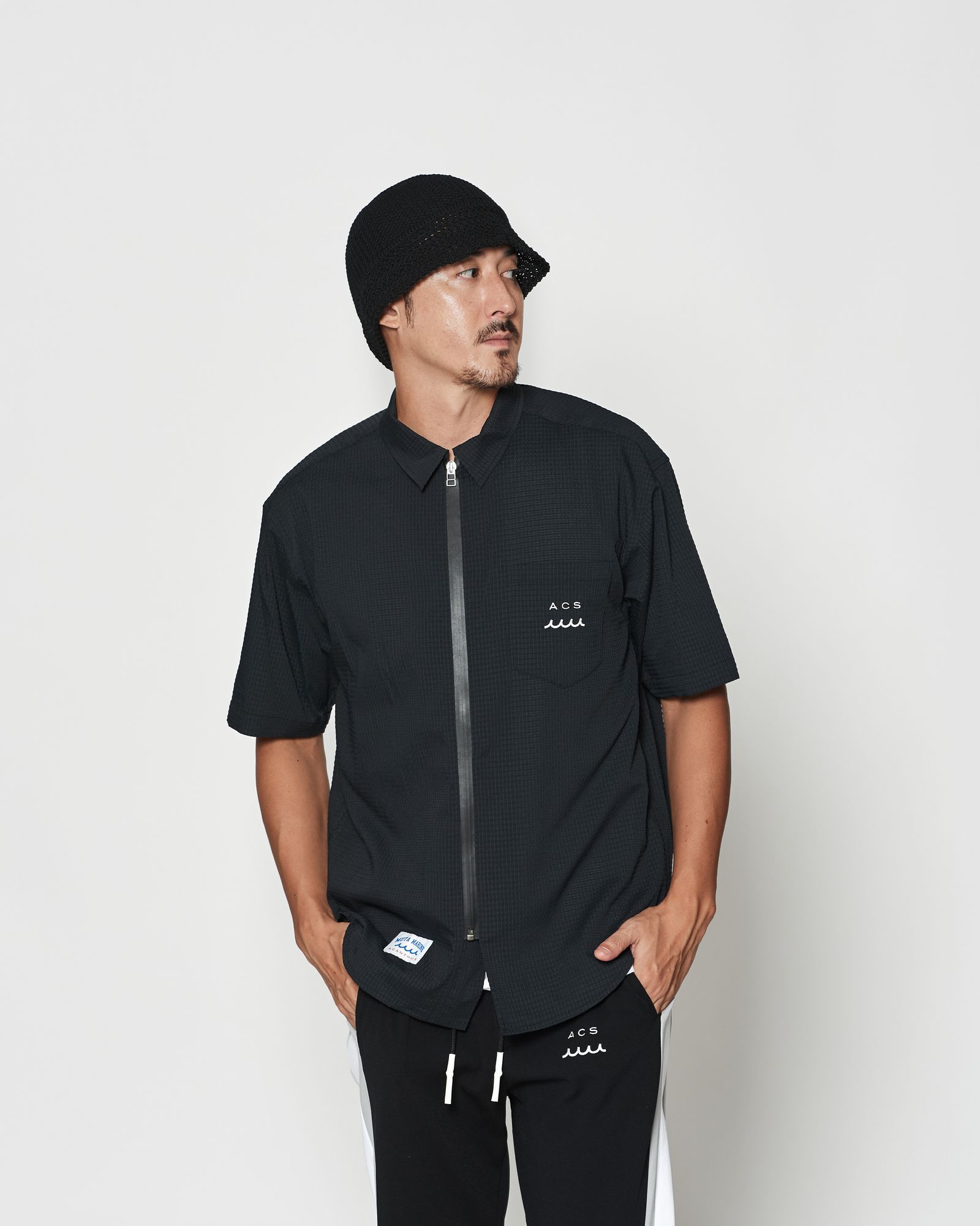 ☆先行予約☆muta MARINE × ACANTHUS  /Dot Air®ジップアップショートスリーブシャツ / Dot Air® Zip Up S/S Shirt / BLACK【MA2604】
