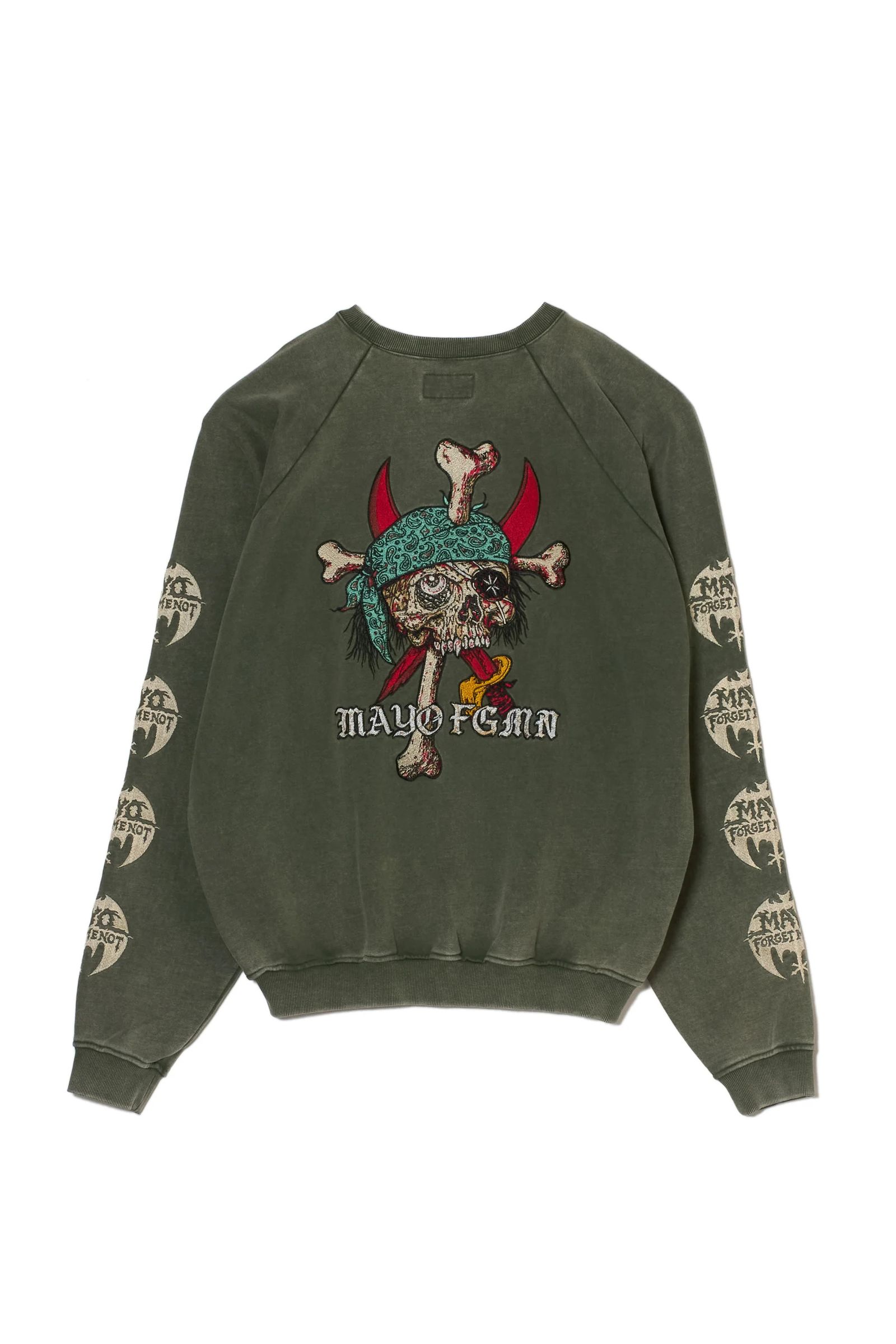 スカル 刺繍クルーネックスウェット 裏パイル / MAYO BANDANA SKULL EMBROIDERY CREW NECK SWEAT  / グリーン [26MY-STR002]