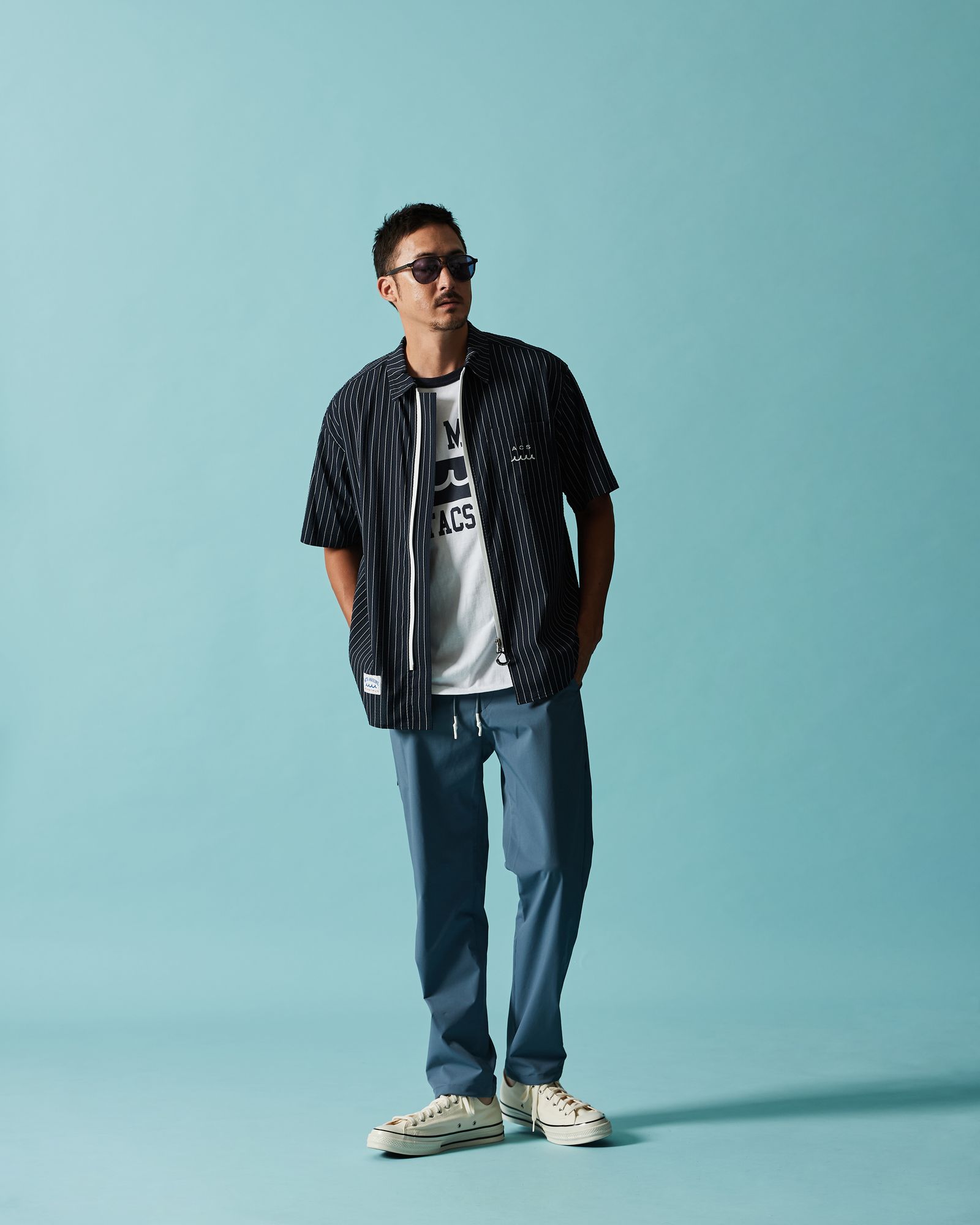 ☆先行予約☆muta MARINE × ACANTHUS  /Dot Air®ジップアップショートスリーブシャツ / Dot Air® Zip Up S/S Shirt / WHITE STRIPE【MA2604】