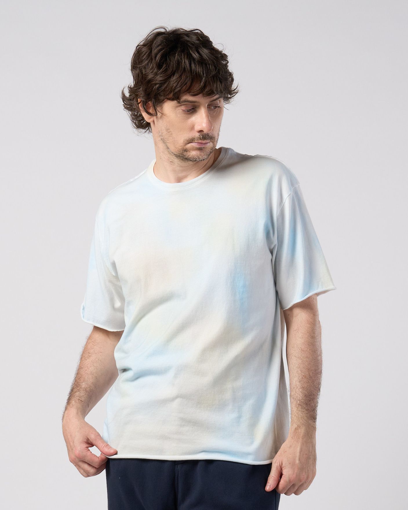 ☆先行予約☆ wjk  / マルチピグメントダイカットオフ半袖Tシャツ / multi pigment dye cut-off S/S / dirty l.blue 【7155 lj93k】