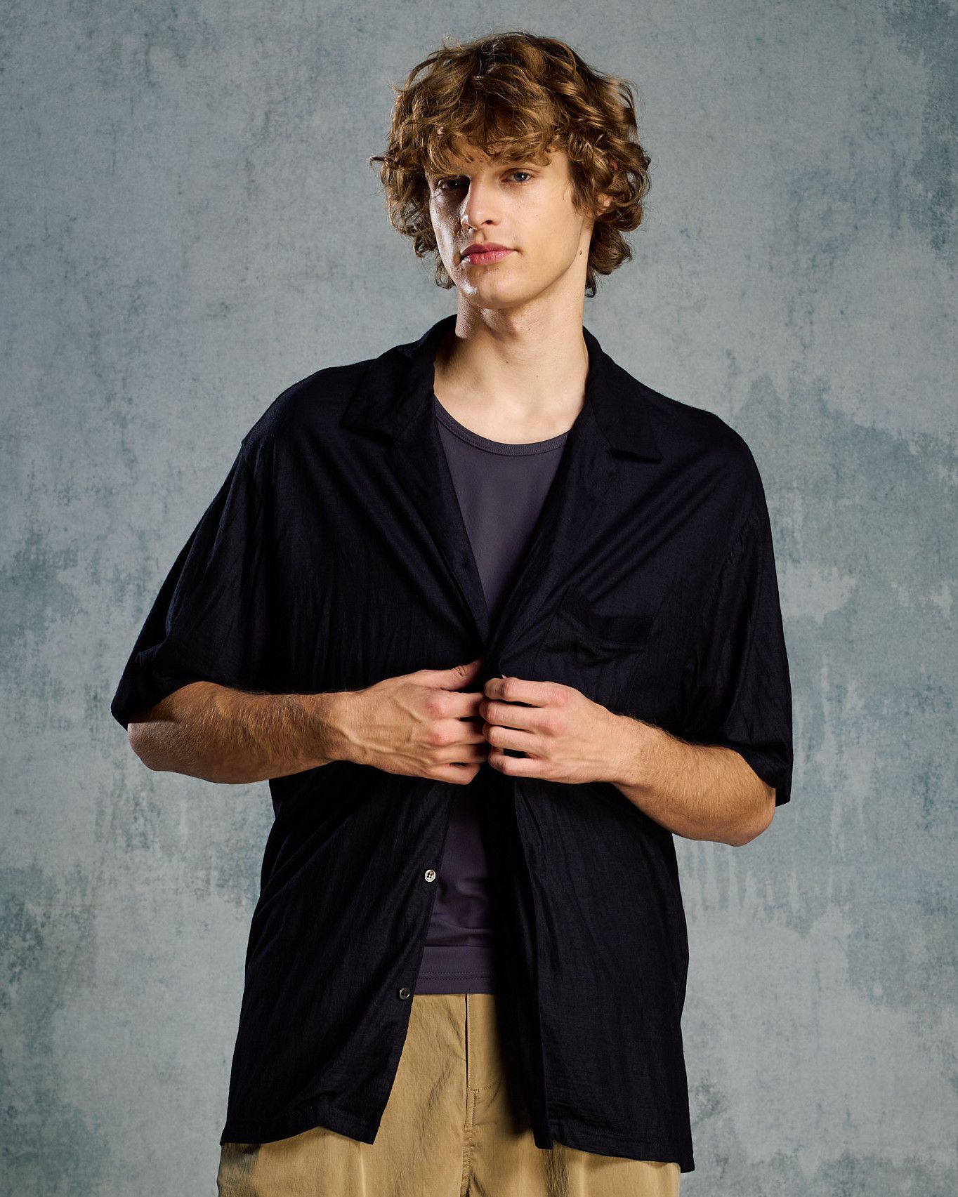 ☆先行予約☆ オープンカラーシャツ /  ex.comfy wool open collar shirt / BLACK [4910 wn08i]